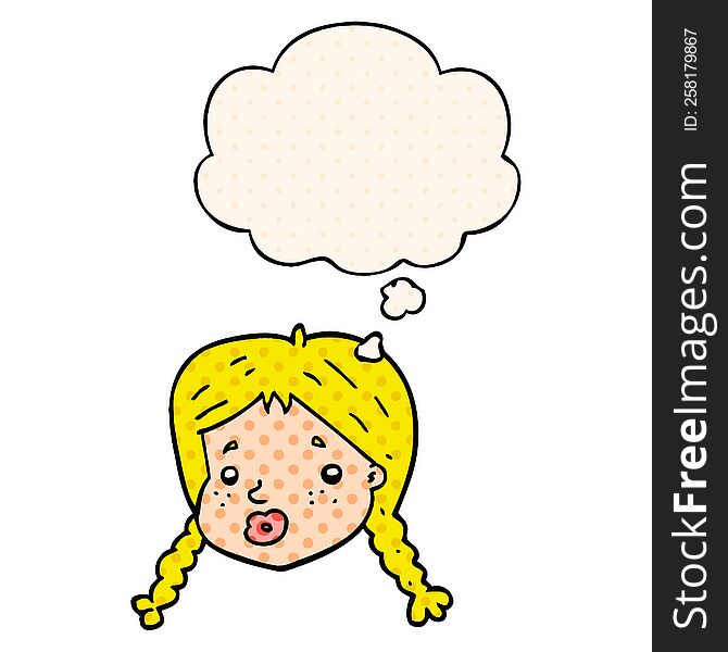 cartoon girls face with thought bubble in comic book style