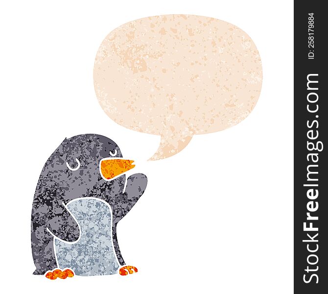 Cartoon Penguin And Speech Bubble In Retro Textured Style