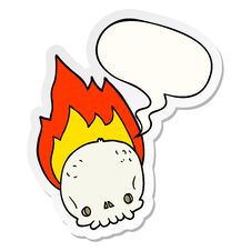 Spooky Cartoon Flaming Skull And Speech Bubble Sticker Stock Image