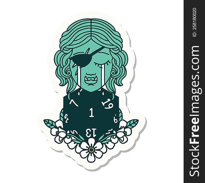 sticker of a crying half orc rogue character with natural one D20 roll. sticker of a crying half orc rogue character with natural one D20 roll