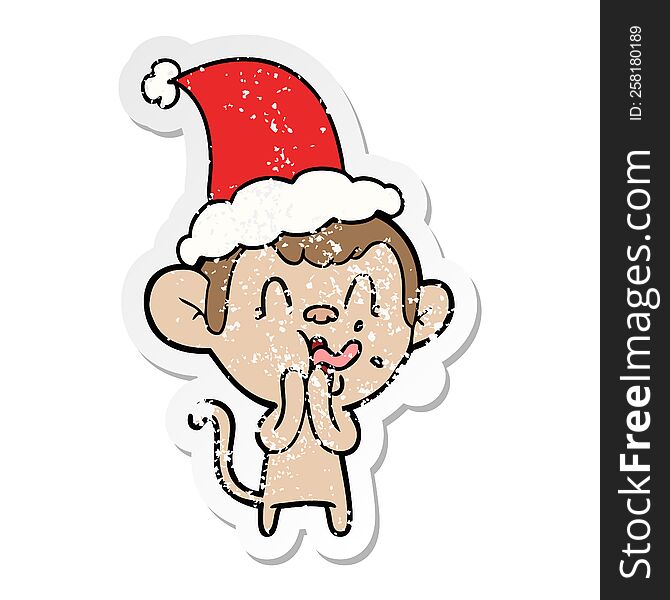 Crazy Distressed Sticker Cartoon Of A Monkey Wearing Santa Hat