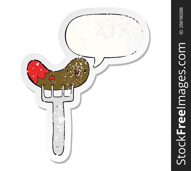 Cartoon Sausage And Fork And Speech Bubble Distressed Sticker