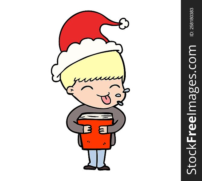 hand drawn line drawing of a boy wearing santa hat