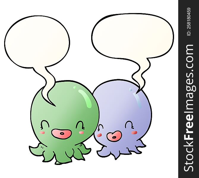 Two Cartoon Octopi  And Speech Bubble In Smooth Gradient Style