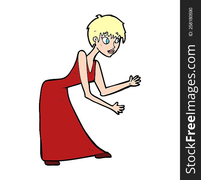 cartoon woman in dress gesturing