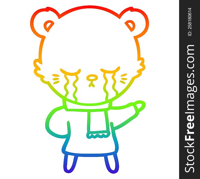 rainbow gradient line drawing of a crying cartoon bear wearing winter clothes