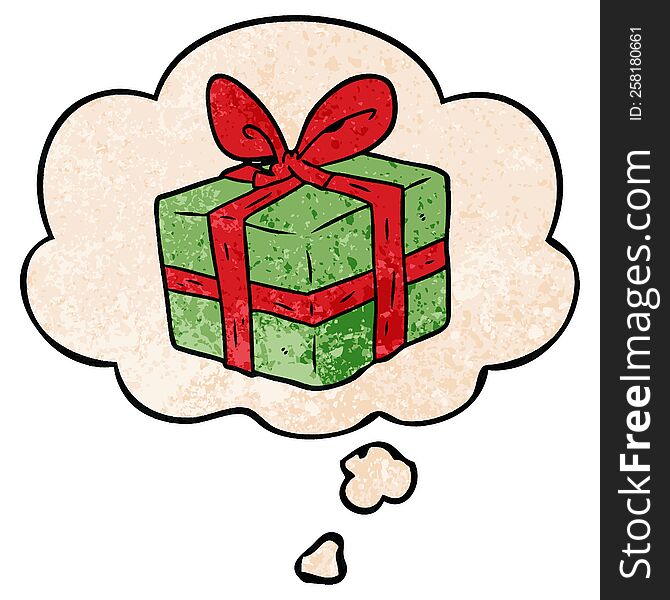 cartoon wrapped gift and thought bubble in grunge texture pattern style