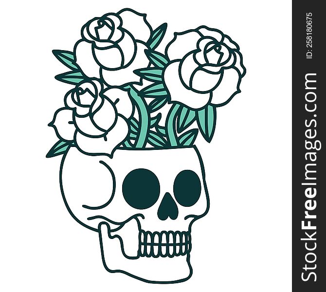 iconic tattoo style image of a skull and roses. iconic tattoo style image of a skull and roses