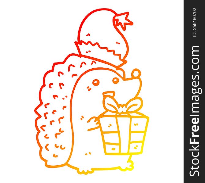 Warm Gradient Line Drawing Cartoon Hedgehog Wearing Christmas Hat