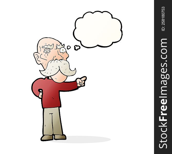cartoon annoyed old man pointing with thought bubble