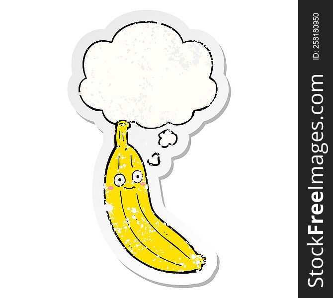 cartoon banana with thought bubble as a distressed worn sticker