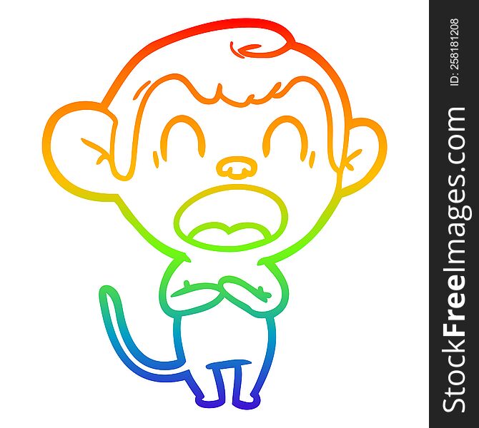 Rainbow Gradient Line Drawing Yawning Cartoon Monkey
