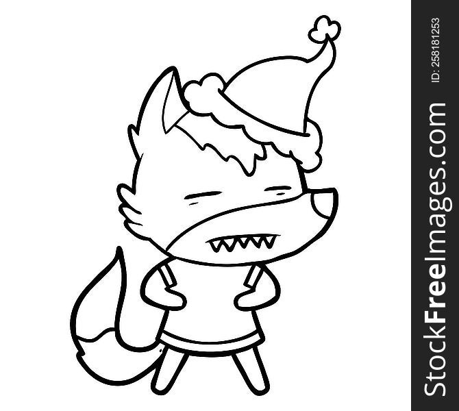 hand drawn line drawing of a wolf showing teeth wearing santa hat