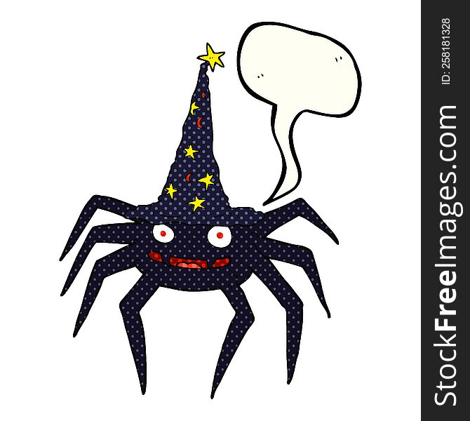 freehand drawn comic book speech bubble cartoon halloween spider in witch hat