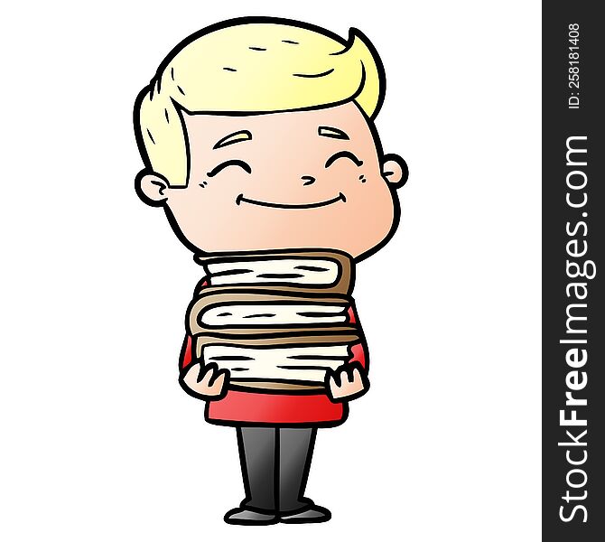 happy cartoon man with stack of books. happy cartoon man with stack of books
