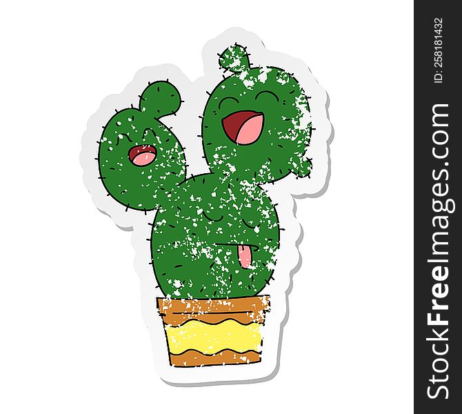 distressed sticker of a quirky hand drawn cartoon cactus