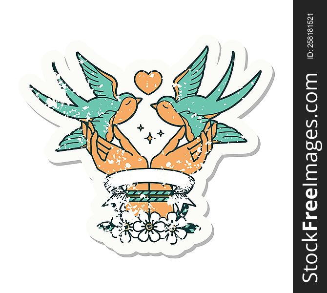 grunge sticker with banner of a tied hands and swallows