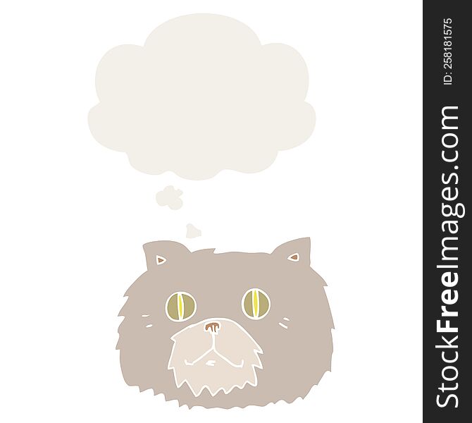cartoon cat face with thought bubble in retro style