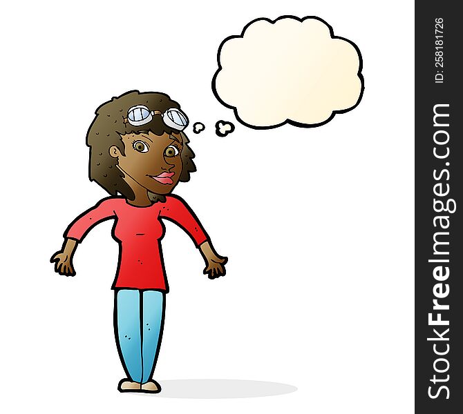 cartoon woman wearing goggles with thought bubble