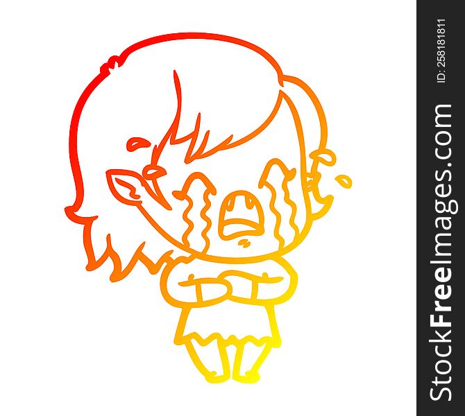 warm gradient line drawing of a cartoon crying vampire girl