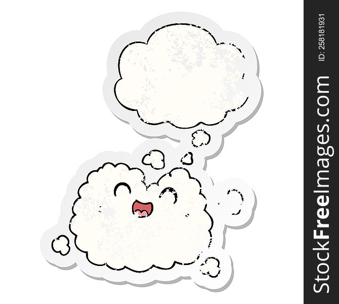 cartoon happy smoke cloud and thought bubble as a distressed worn sticker