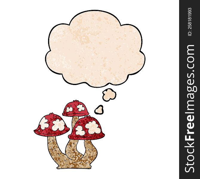 Cartoon Mushrooms And Thought Bubble In Grunge Texture Pattern Style