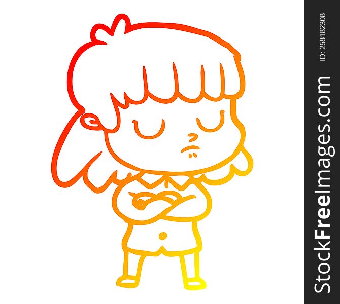warm gradient line drawing of a cartoon indifferent woman folding arms
