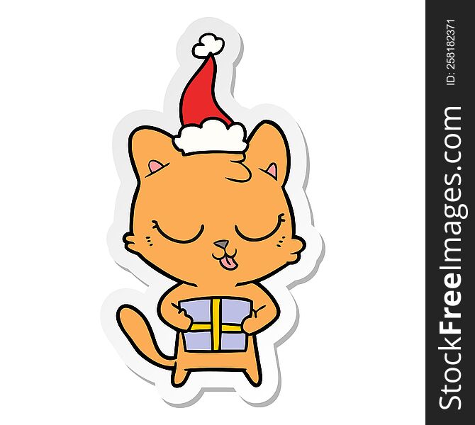 Cute Sticker Cartoon Of A Cat Wearing Santa Hat