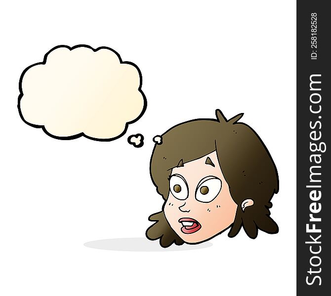 cartoon female face with surprised expression with thought bubble