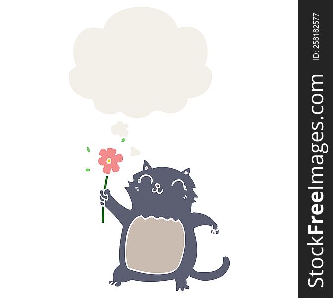 cartoon cat with flower with thought bubble in retro style