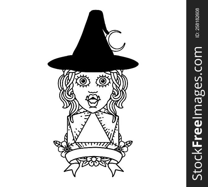 Black and White Tattoo linework Style half orc witch character with natural 20 dice roll. Black and White Tattoo linework Style half orc witch character with natural 20 dice roll