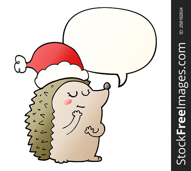 Cartoon Hedgehog Wearing Christmas Hat And Speech Bubble In Smooth Gradient Style