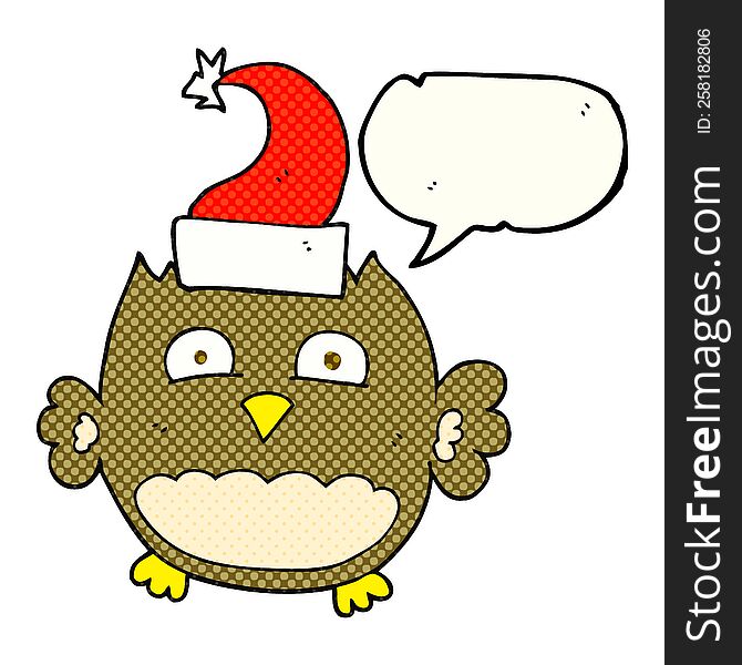 Comic Book Speech Bubble Cartoon Owl Wearing Christmas Hat