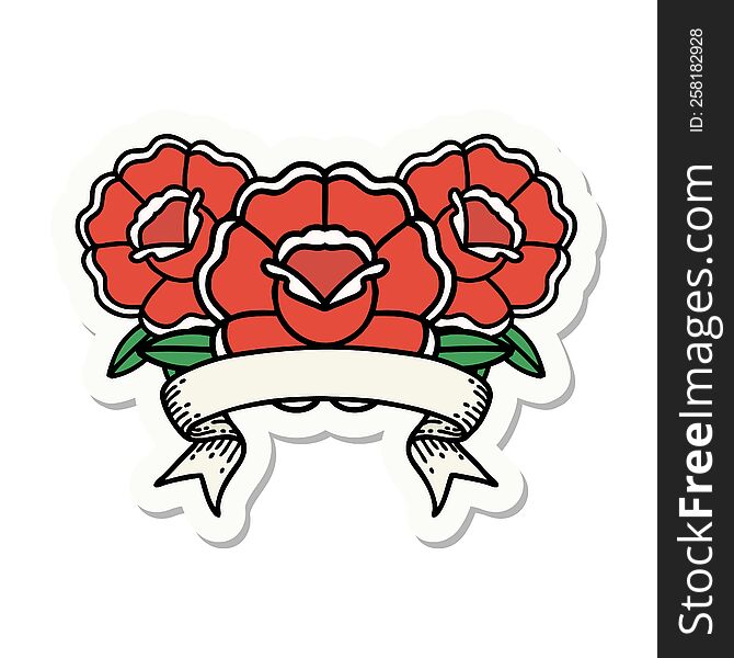 tattoo style sticker with banner of a bouquet of flowers