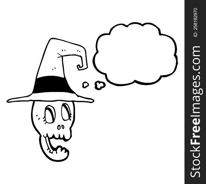 freehand drawn thought bubble cartoon skull wearing witch hat