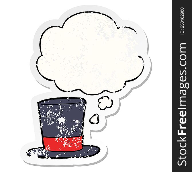 cartoon top hat with thought bubble as a distressed worn sticker