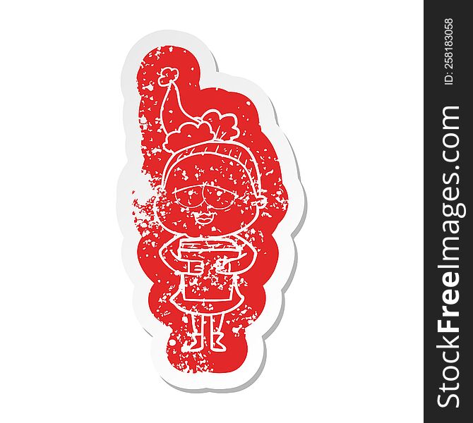 quirky cartoon distressed sticker of a happy old lady wearing santa hat