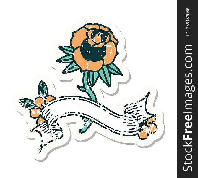 worn old sticker with banner of a rose. worn old sticker with banner of a rose