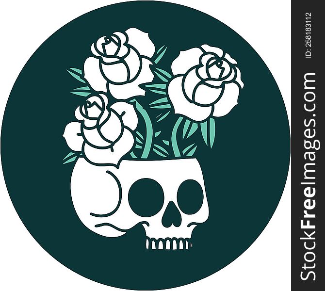 iconic tattoo style image of a skull and roses. iconic tattoo style image of a skull and roses