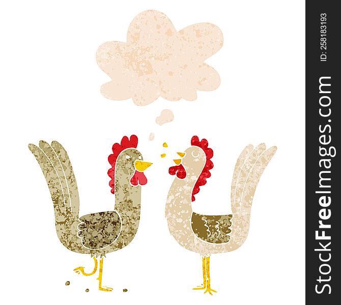 cartoon chickens with thought bubble in grunge distressed retro textured style. cartoon chickens with thought bubble in grunge distressed retro textured style