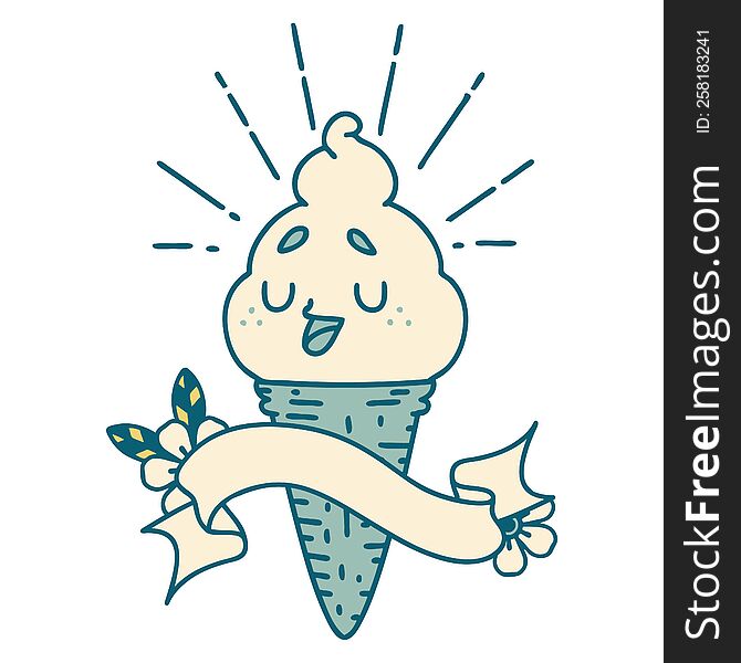 scroll banner with tattoo style ice cream character