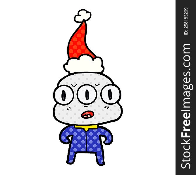 Comic Book Style Illustration Of A Three Eyed Alien Wearing Santa Hat