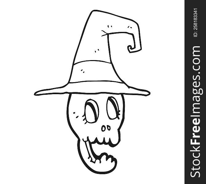 freehand drawn black and white cartoon skull wearing witch hat