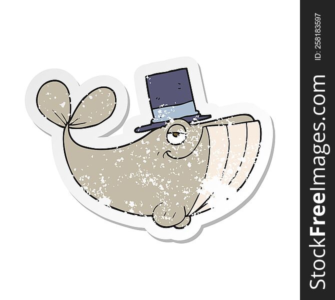 Retro Distressed Sticker Of A Cartoon Whale Wearing Top Hat