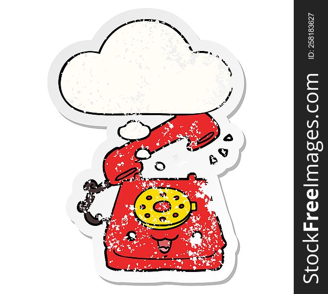 cute cartoon telephone with thought bubble as a distressed worn sticker