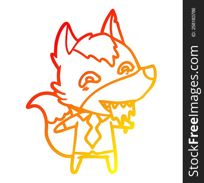 warm gradient line drawing of a cartoon hungry wolf in office clothes