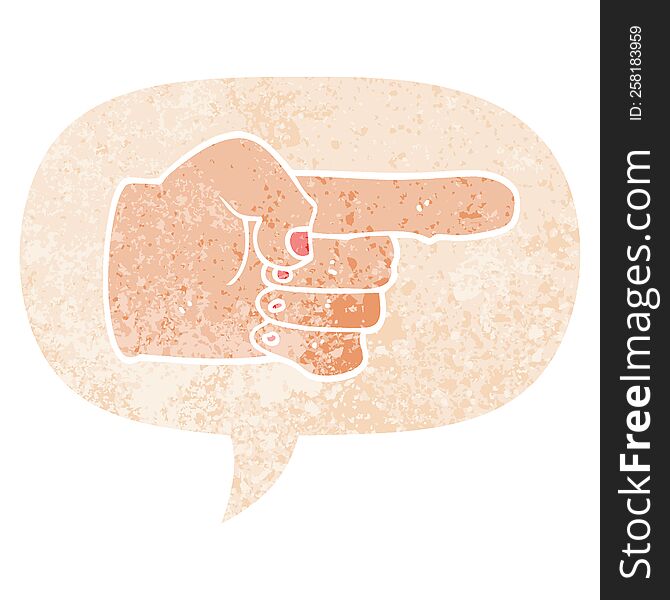 Cartoon Pointing Hand And Speech Bubble In Retro Textured Style