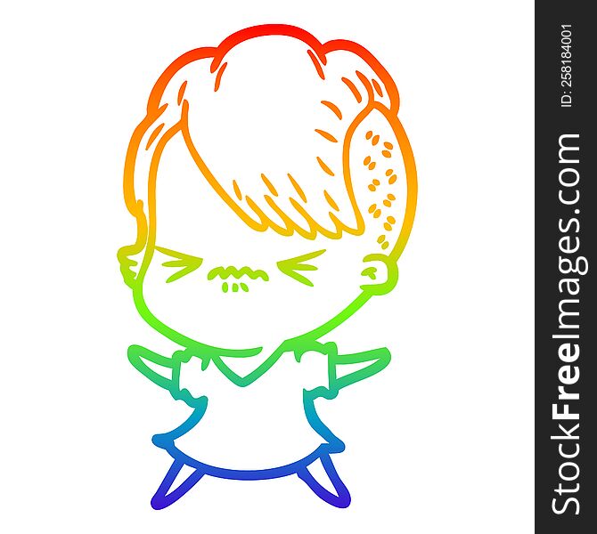 rainbow gradient line drawing of a cartoon annoyed hipster girl