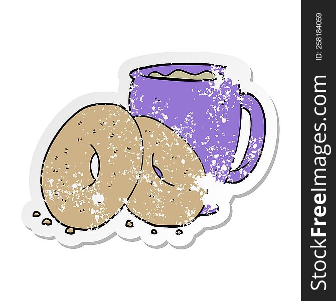 distressed sticker of a cartoon coffee and donuts