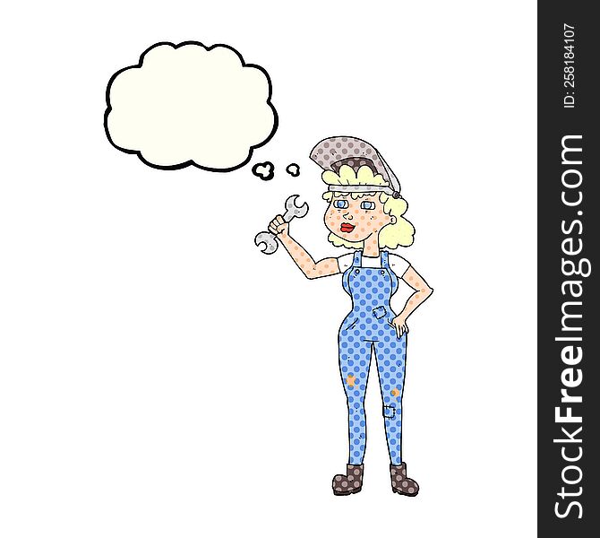 freehand drawn thought bubble cartoon woman with spanner